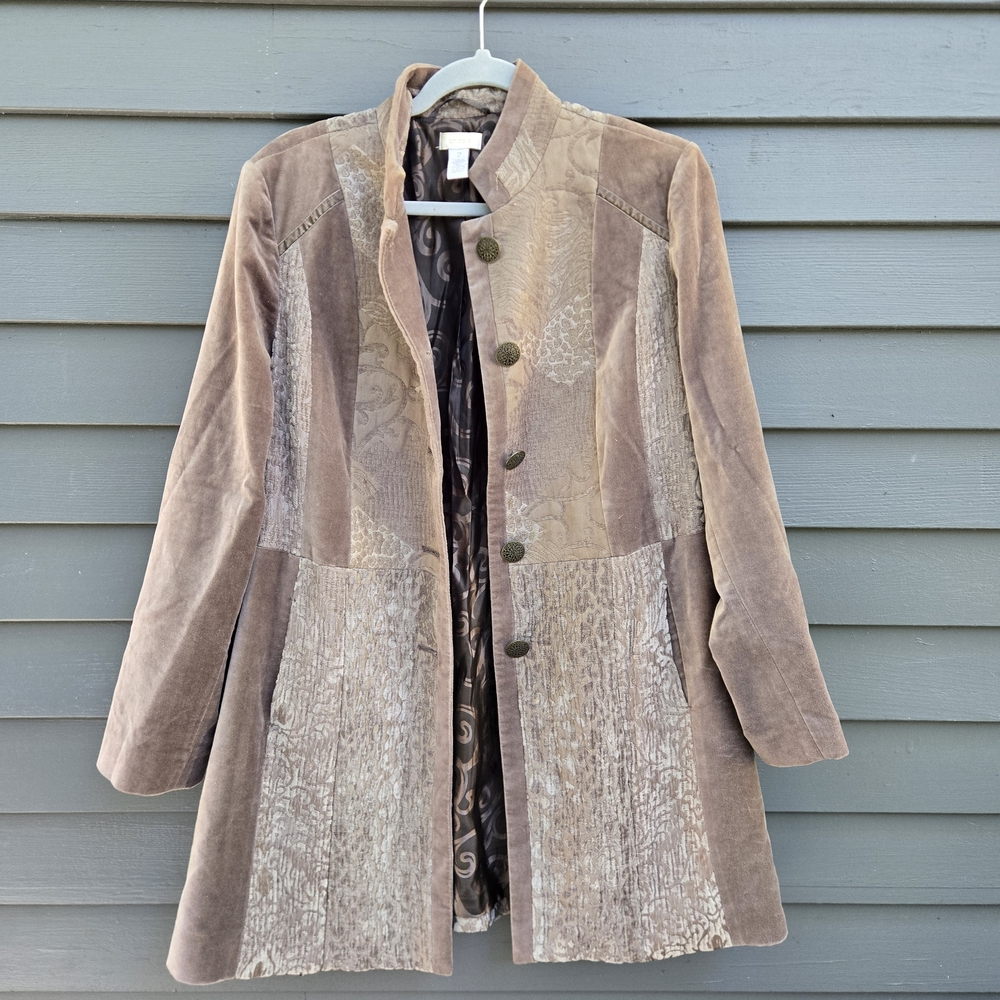 Chico's Patchwork Utility Jacket in Tan and Cream